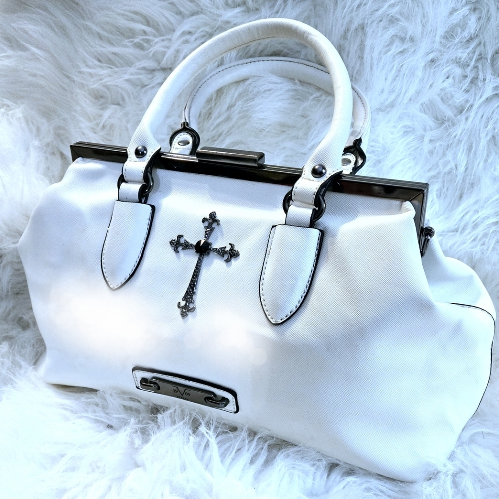 Verace 19v69 White Satchel With Silver & Onyx Cross Made In Milan, Italy